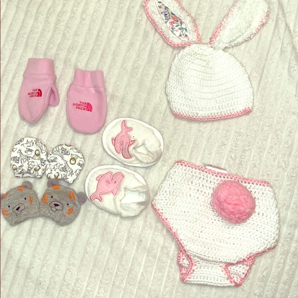 Baby mittens, house shoes, & bunny outfit!-5 for 1